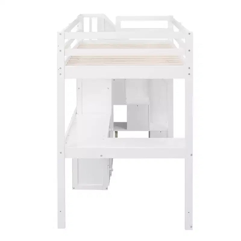 Hochbett in Einzelbettgröße mit L-förmigem Schreibtisch, 3 Schubladen, Schrank und Stauraum in der Treppe, Konstruktion aus massivem Kiefernholz/MDF