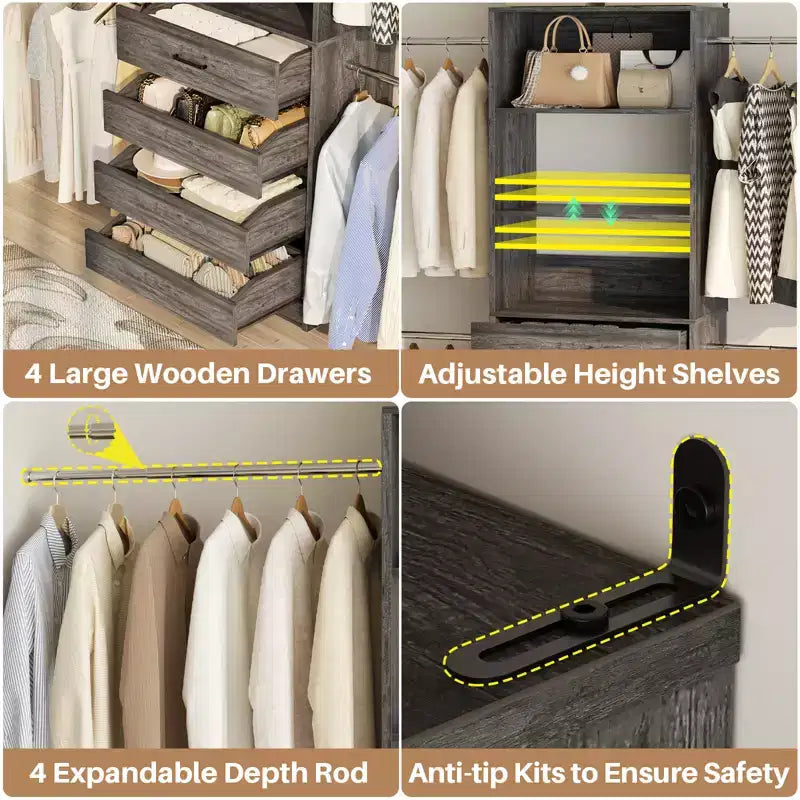 Système d'aménagement de dressing en bois Besiost de 4 à 9 pi avec 4 tiroirs, 4 tringles et des colonnes d'étagères