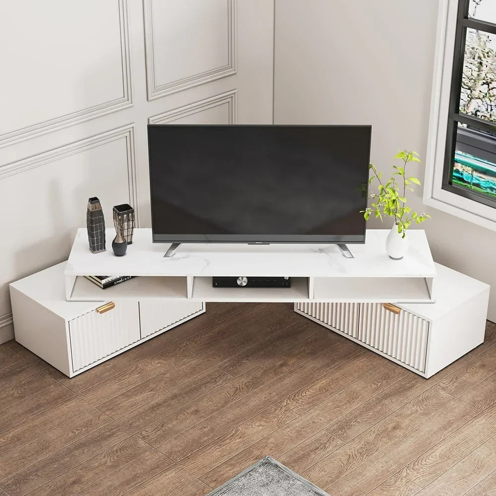 Moderne witte hoek-tv-meubel met 2 lades en open opbergruimte