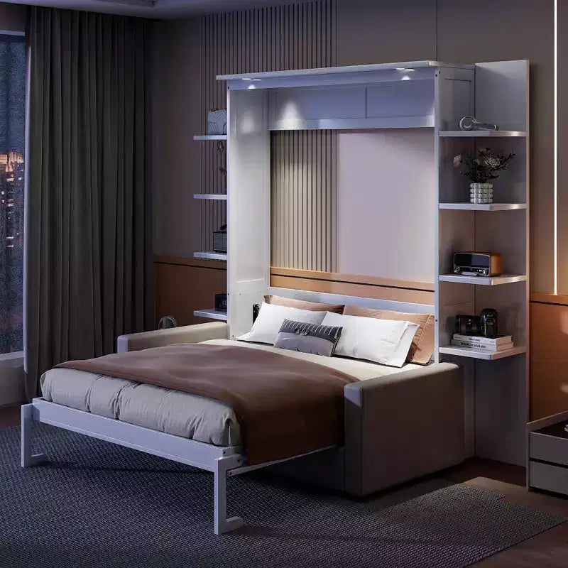 Queensize Murphy-bed met bank, opklapbed in kastformaat met boekenkast en planken voor de logeerkamer of het kantoor