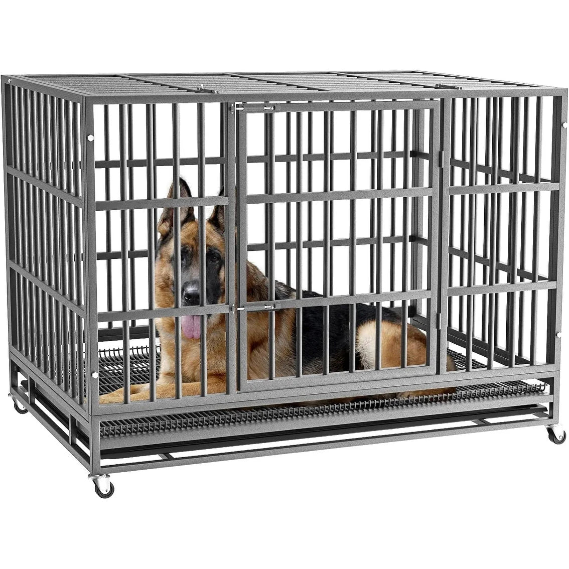 BOSSIN 48/38 inch robuster, unzerstörbarer Hundekäfig, ausbruchsicherer Zwinger mit feststellbaren Rollen