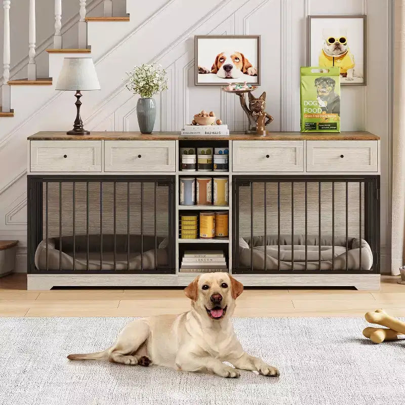 Meuble double cage pour chiens 82, grand chenil d’intérieur pour 2 chiens, cage en bois robuste faisant office de meuble TV avec 4 tiroirs et des étagères