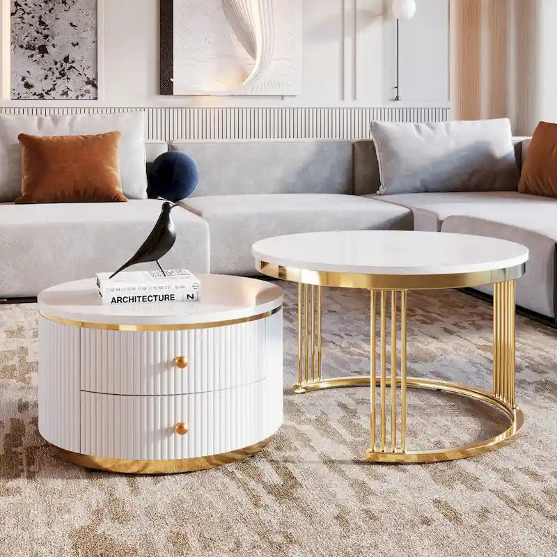 Set van 2 witte ronde salontafels die in elkaar passen, met laden