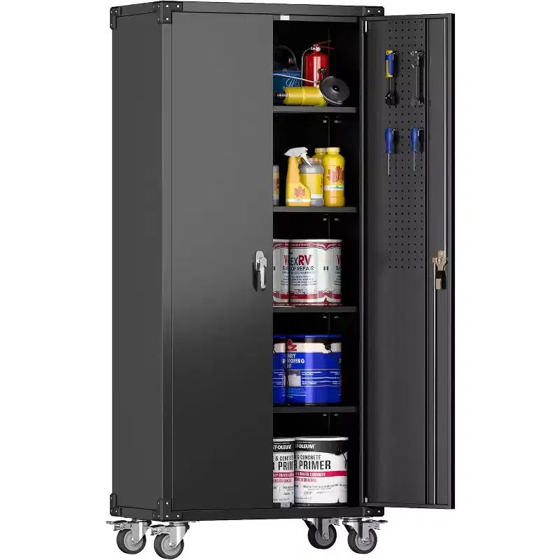 Garagekast op wielen met gereedschapsbord, afsluitbare metalen opbergkast van 72 H met 2 deuren en 4 verstelbare planken voor de garagewerkplaats