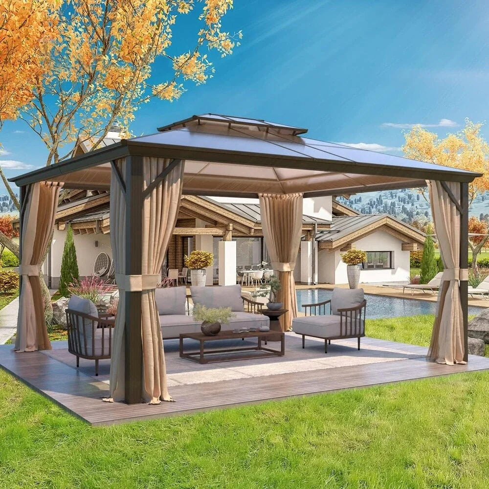 EROMMY Pavillon mit festem Dach, Pergola für den Außenbereich mit Doppeldach, Moskitonetz und Vorhängen, strapazierfähiges Sonnendach für Terrasse, Garten und Poolpartys