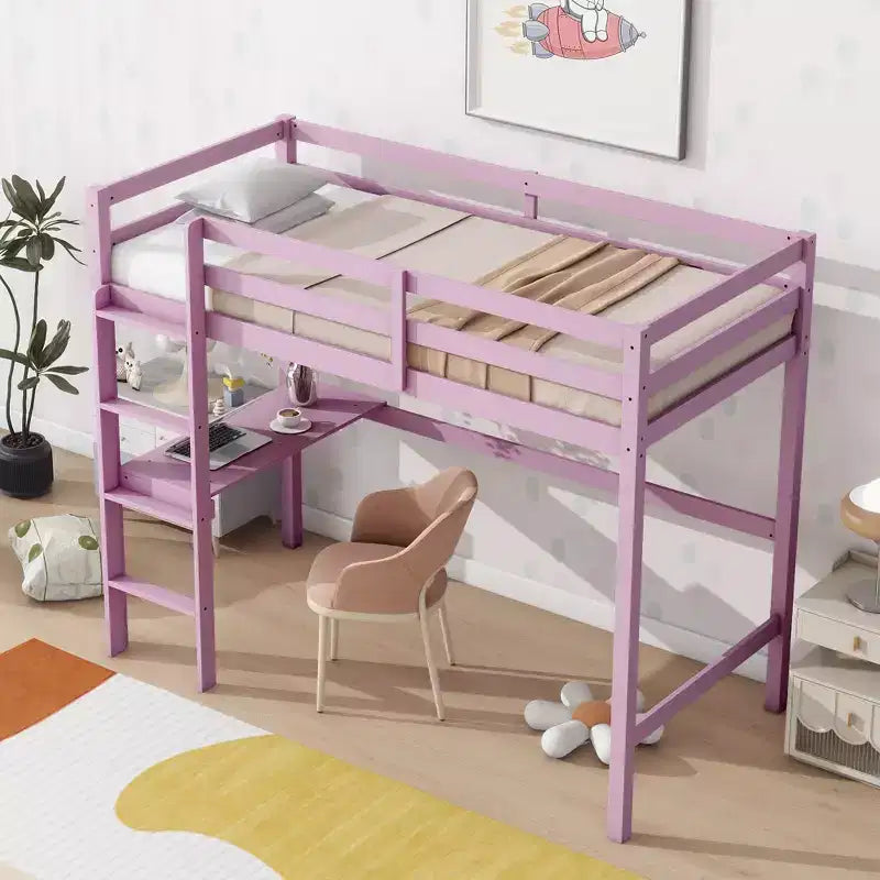 Okak minimalistisches Hochbett mit Leiter, Hochbett für Einzelbettmatratze aus Gummibaumholz mit Sicherheitsgeländer und eingebautem Schreibtisch, Bettgestell für Kinder und Jugendliche