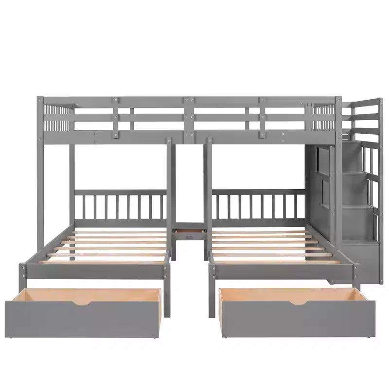 Whisen stapelbed met een twijfelaar boven een eenpersoonsbed en een extra eenpersoonsbed, houten driedubbel stapelbed met laden en valbeveiliging