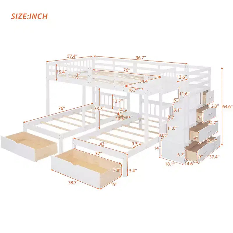 Whisen stapelbed met een twijfelaar boven een eenpersoonsbed en een extra eenpersoonsbed, houten driedubbel stapelbed met laden en valbeveiliging