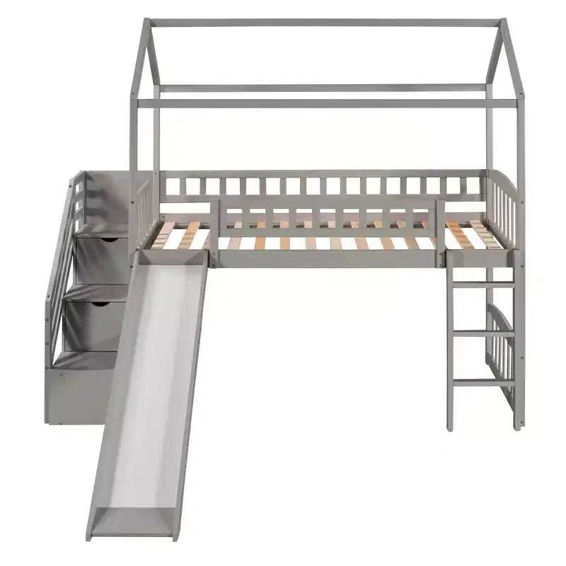 Hochbett in Hausform für Einzelbetten mit Rutsche und Treppe, Hochbett mit Schubladen, Holzhütten-Hochbett für Kinder und Kleinkinder