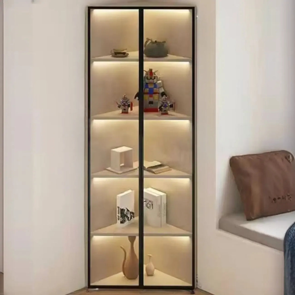 Moderne grijze metalen houten hoekvitrinekast met glazen deur