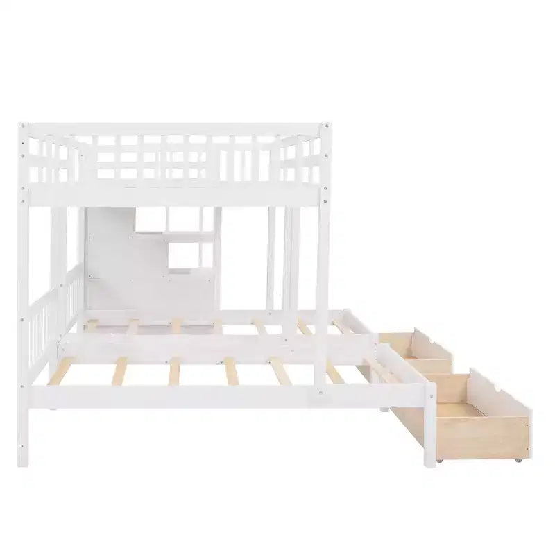 Whisen stapelbed met een twijfelaar boven een eenpersoonsbed en een extra eenpersoonsbed, houten driedubbel stapelbed met laden en valbeveiliging
