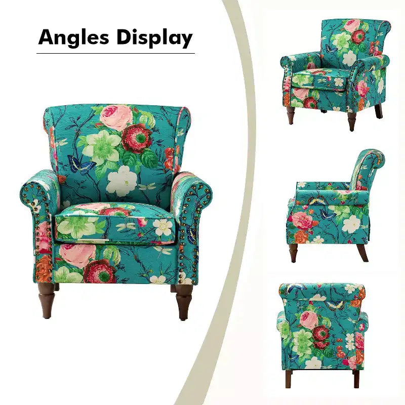 Araceli traditioneller gepolsterter Holzsessel mit Blumenmuster, Ohrenlehnen und Ziernägeln | ART OF LIVING DESIGNS