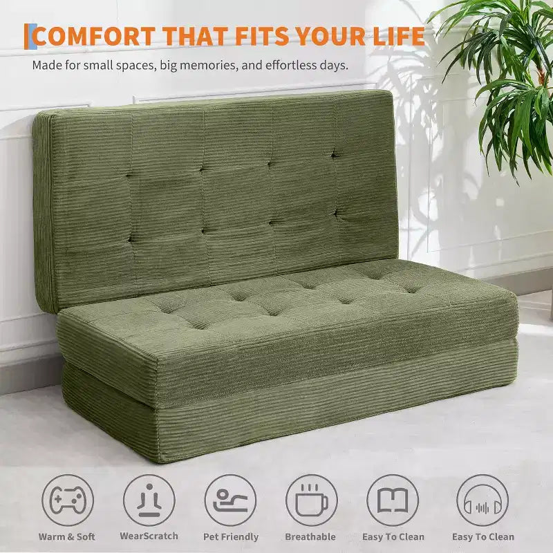 Składany materac SunnyFurn o grubości 6 Inch, rozkładana sofa 3-częściowa, piankowe łóżko dla gości 75X54.3 z prążkowanego sztruksu, przenośne na kemping, do salonu i sypialni
