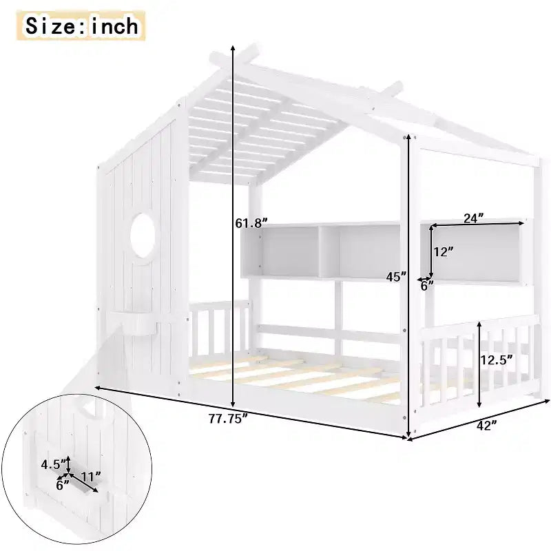 Bodenbett in Hausform mit integrierten Ablageregalen und Latten-Dach
