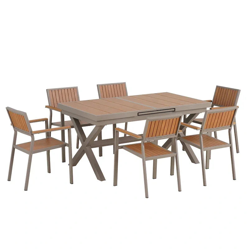 Ensemble de repas d’extérieur extensible 7 pièces avec table extensible et 6 fauteuils