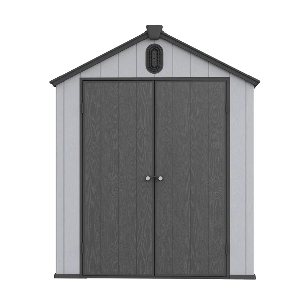 6 ft x 4 ft/6 ft x 8 ft/8 ft x 6 ft/8 ft x 10 ft kunststof opbergschuur voor buiten van weerbestendig hars met vloer, Spire-gereedschapsschuur