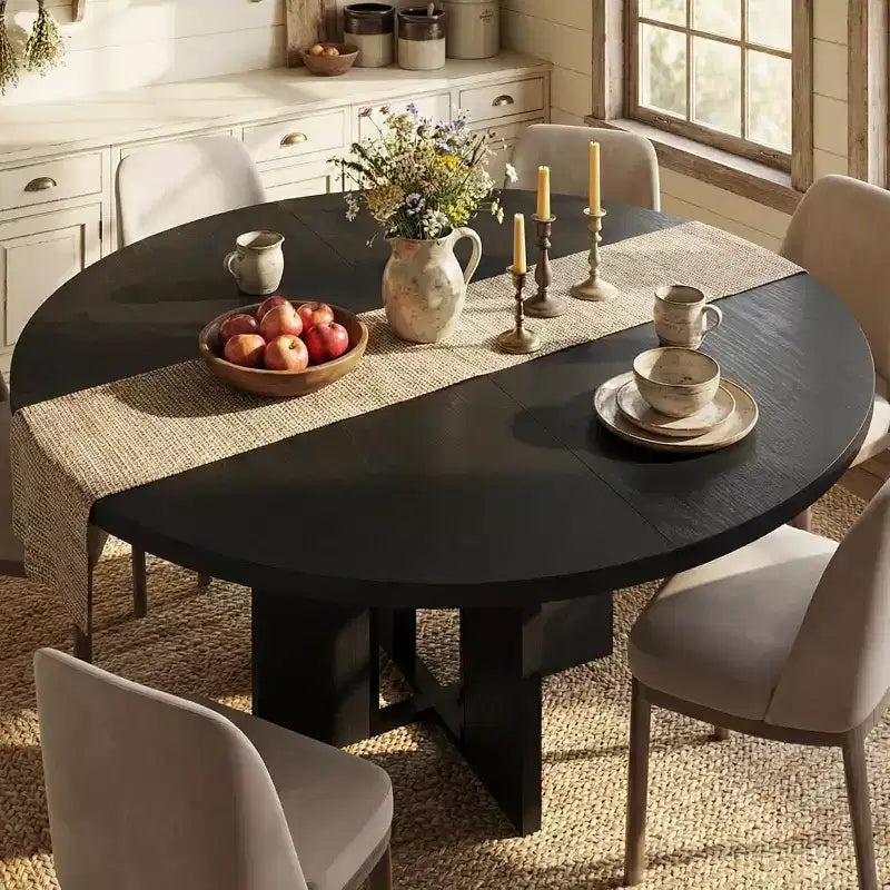 Table de salle à manger ronde extensible de 47-63 po pour 4-8 personnes, table de cuisine extensible en bois de style campagnard avec structure métallique, forme ovale peu encombrante pour appartement, gris rétro