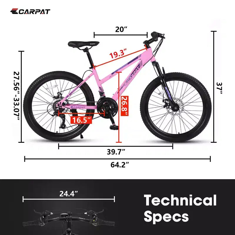 Vélo de montagne Okak 24/26IN avec 21 vitesses et freins à double disque, vélo pour enfants avec suspension avant de 100 mm, vélo tout-terrain pour adolescents et femmes