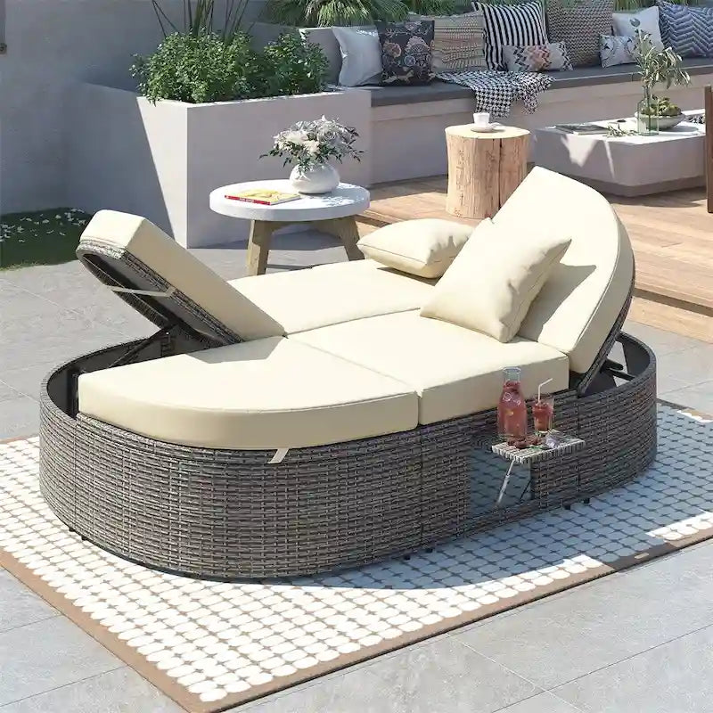 Lit de soleil d’extérieur pour patio, banquette-lit 2 places avec coussins et oreillers