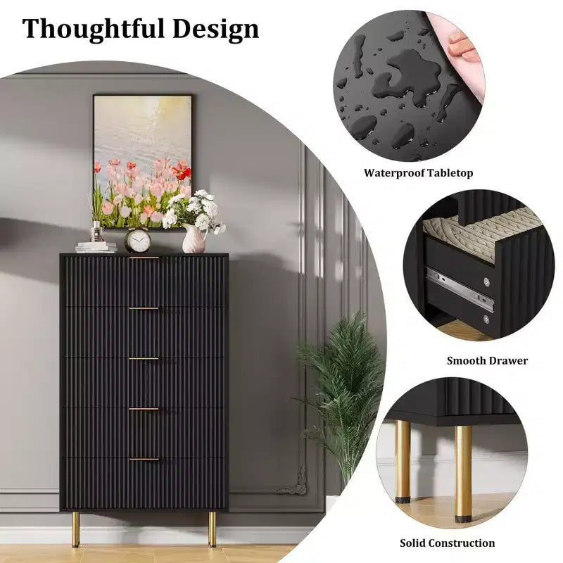 Commode blanche / marbre et bois à 5 tiroirs ?C panneau cannelé, pour 1 personne