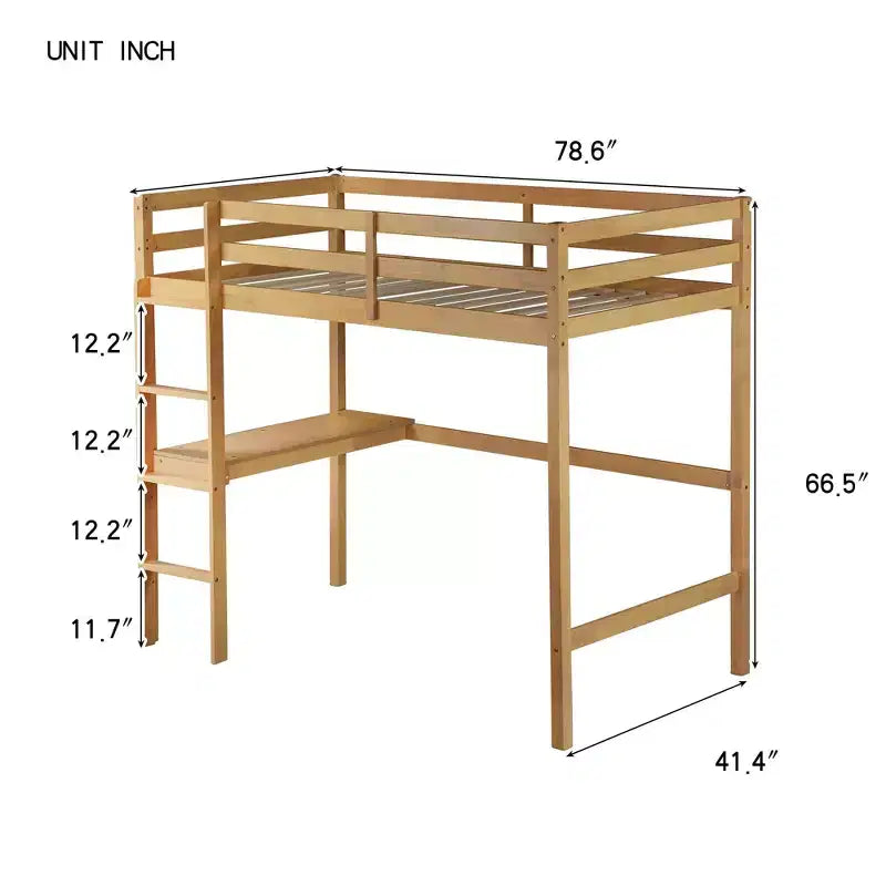 Okak minimalistisches Hochbett mit Leiter, Hochbett für Einzelbettmatratze aus Gummibaumholz mit Sicherheitsgeländer und eingebautem Schreibtisch, Bettgestell für Kinder und Jugendliche
