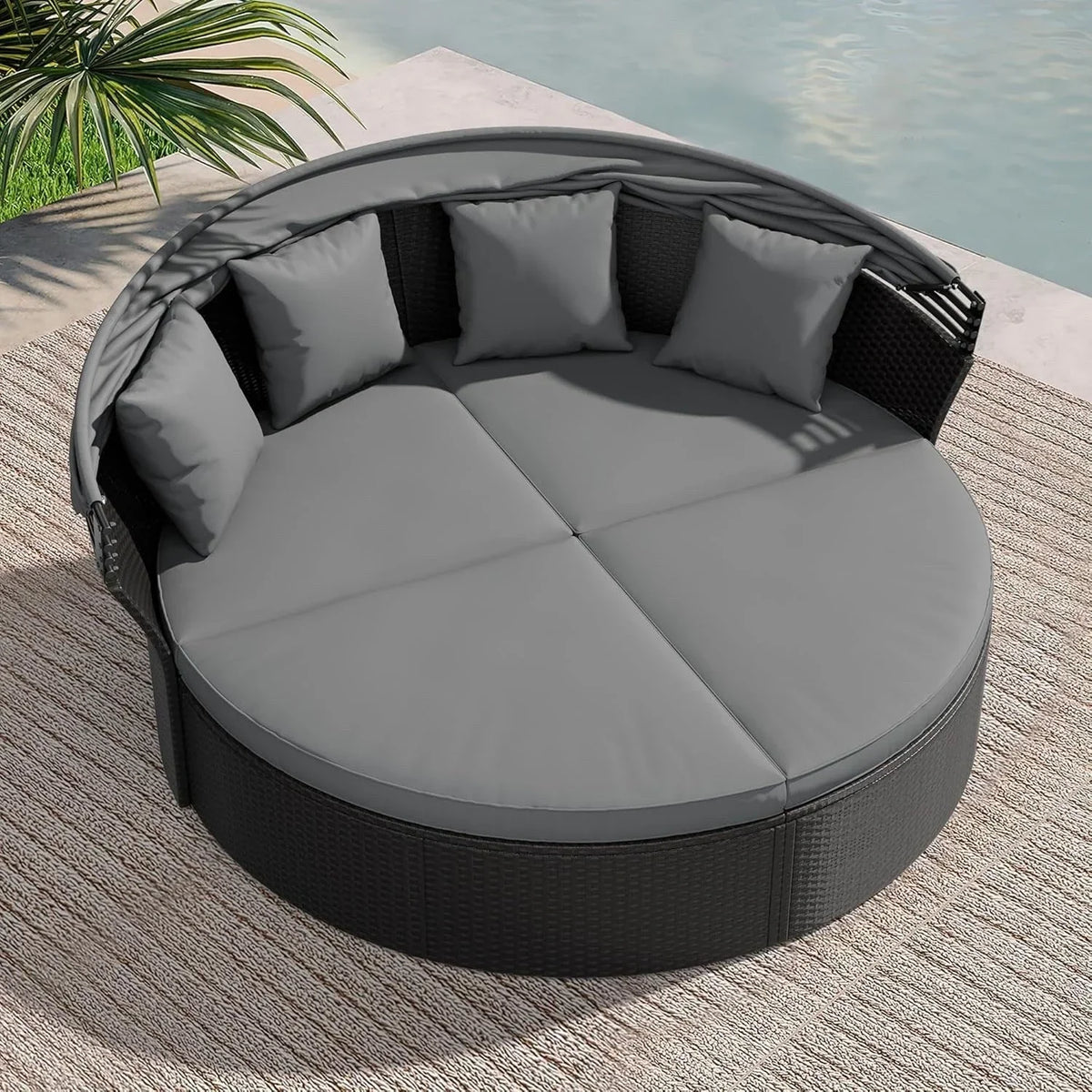 Salon de jardin Nuon 4 pièces/5 pièces avec méridienne en résine tressée et auvent, par Havenside Home