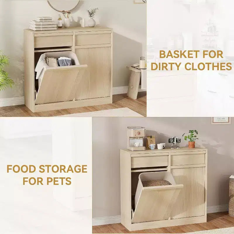 Pochylany kosz na śmieci, naturalny dąb, kosz z miejscem do przechowywania i szufladą, ukryta szafka na śmieci, kosz na pranie do kuchni, jadalni i salonu