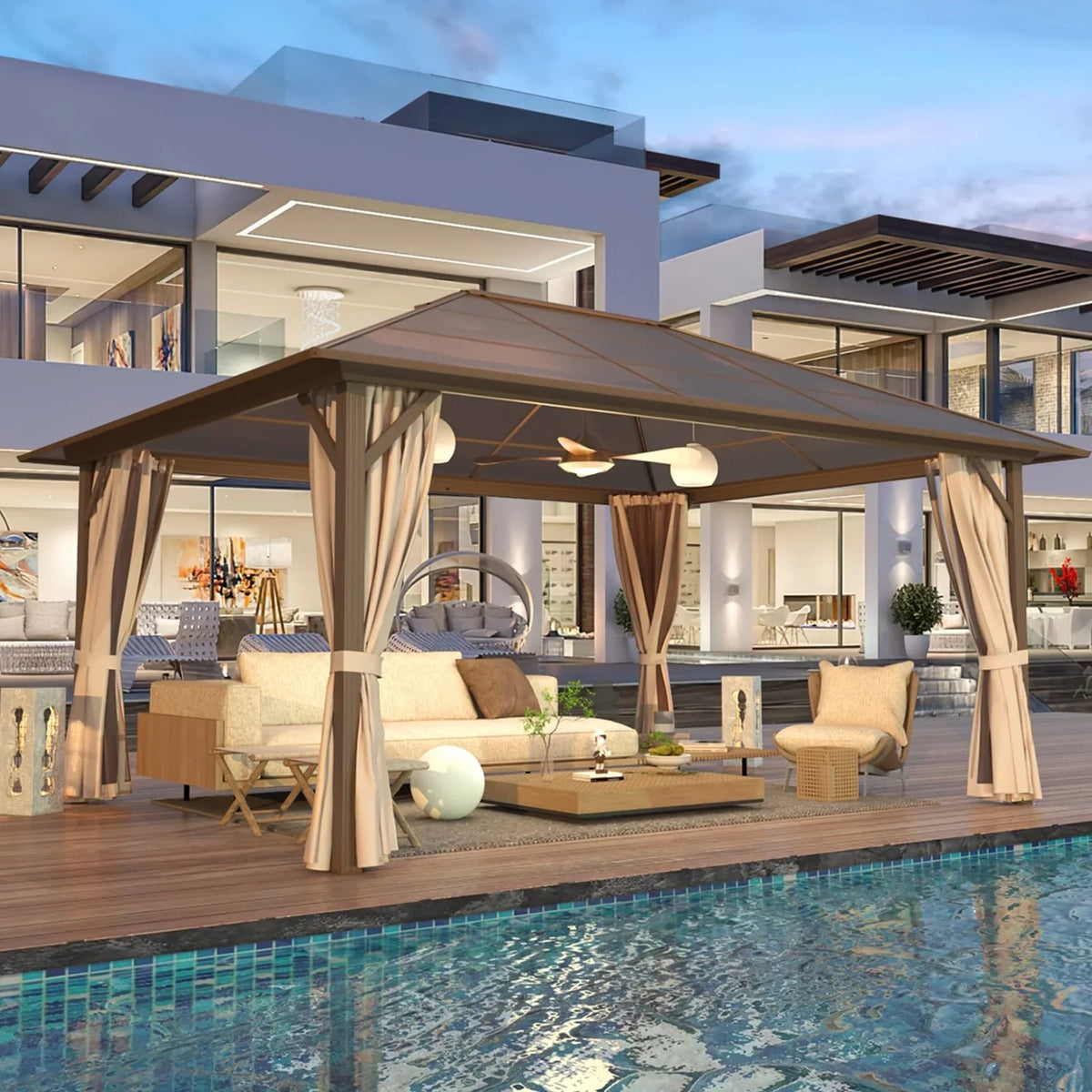 EROMMY Pavillon mit festem Dach, Pergola für den Außenbereich mit Doppeldach, Moskitonetz und Vorhängen, strapazierfähiges Sonnendach für Terrasse, Garten und Poolpartys