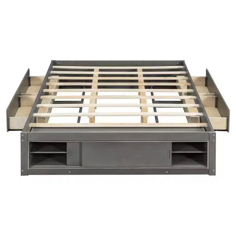Cadre de lit plateforme grand lit Whisen avec 4 tiroirs de rangement et rangement dans le pied de lit