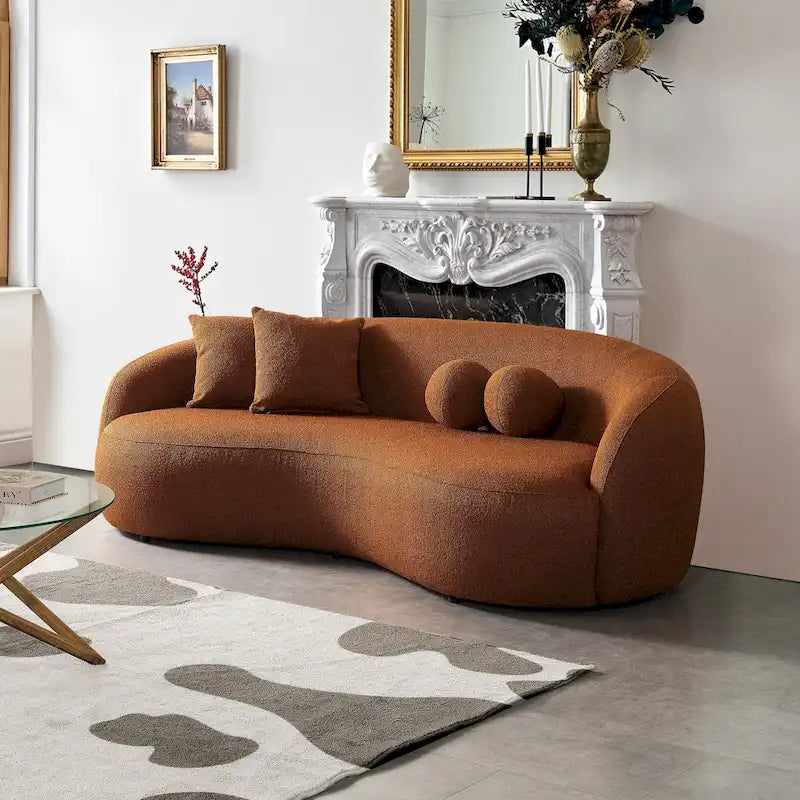 Blaine luxe, moderne gebogen bank van boucléstof in Japandi-stijl