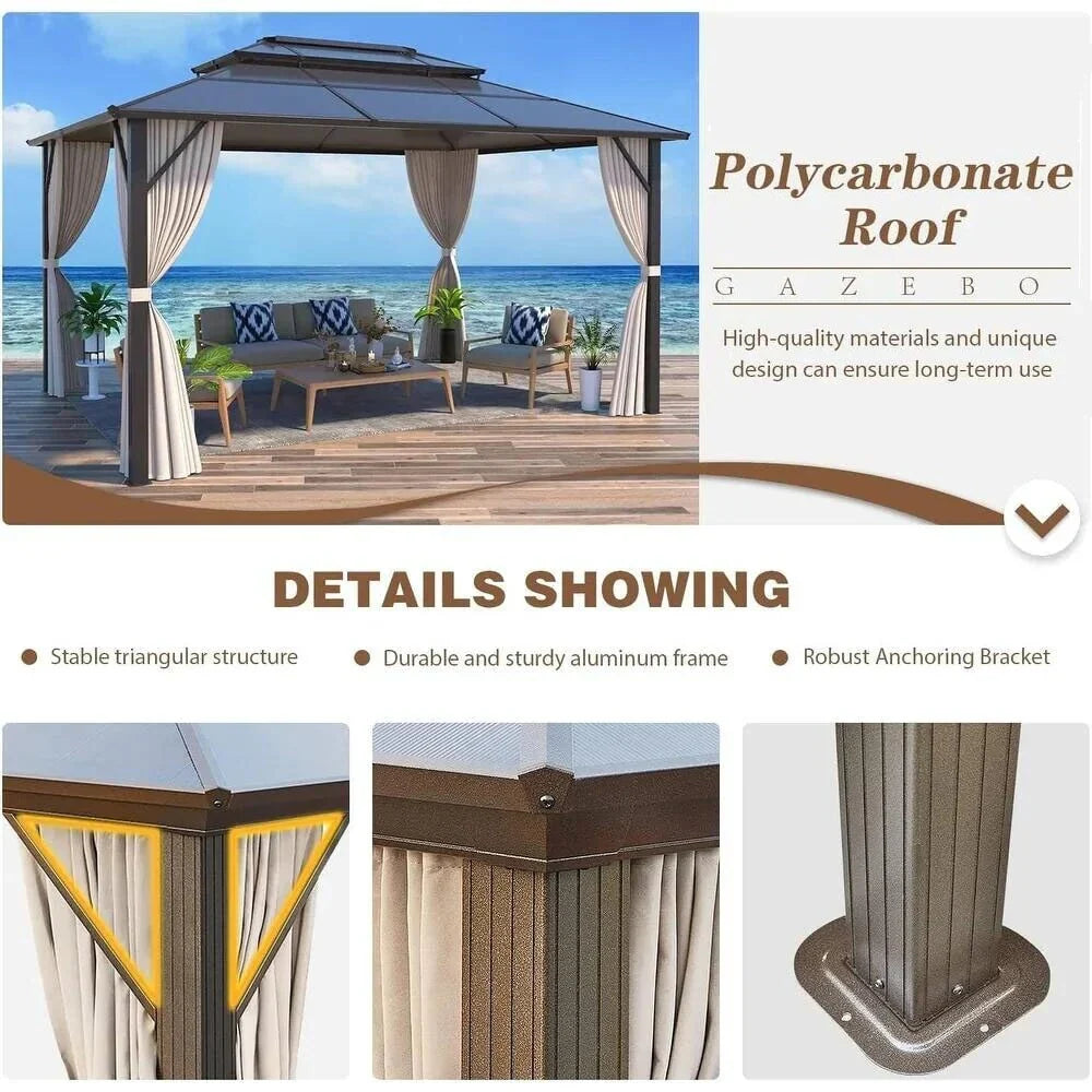 EROMMY Pavillon mit festem Dach, Pergola für den Außenbereich mit Doppeldach, Moskitonetz und Vorhängen, strapazierfähiges Sonnendach für Terrasse, Garten und Poolpartys