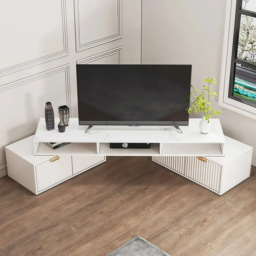 Moderne witte hoek-tv-meubel met 2 lades en open opbergruimte