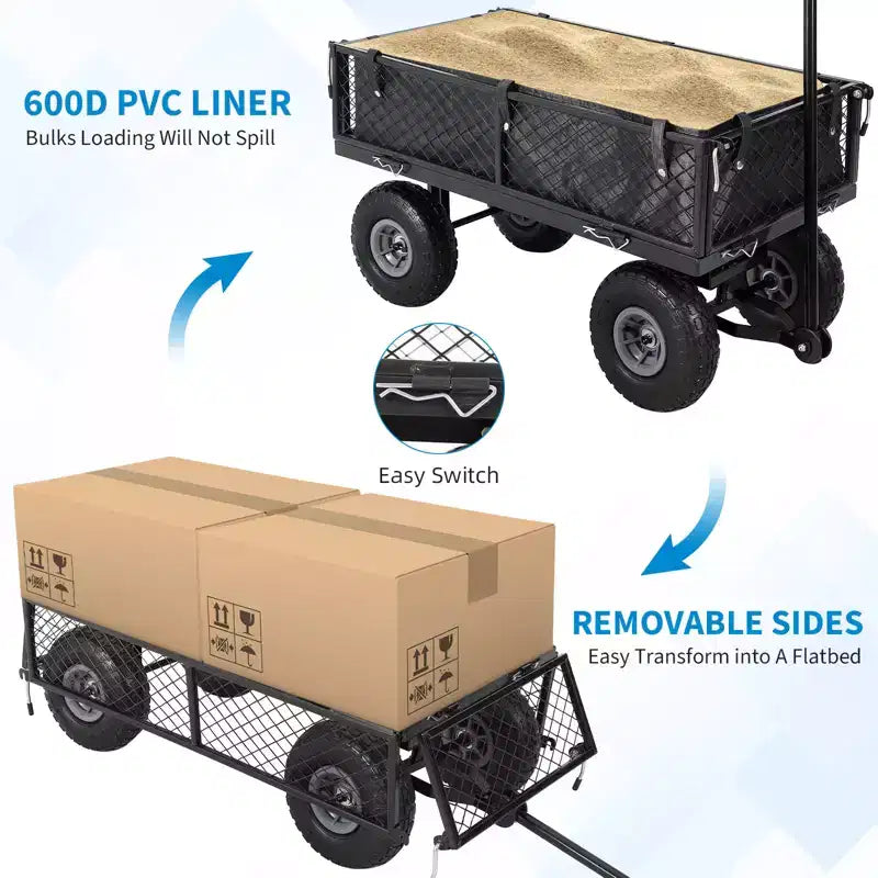 Robuuste stalen tuinkar, 500 lbs, opvouwbare transportkar met afneembare zijkanten van gaas en bekleding, 10 luchtbanden, trekstang