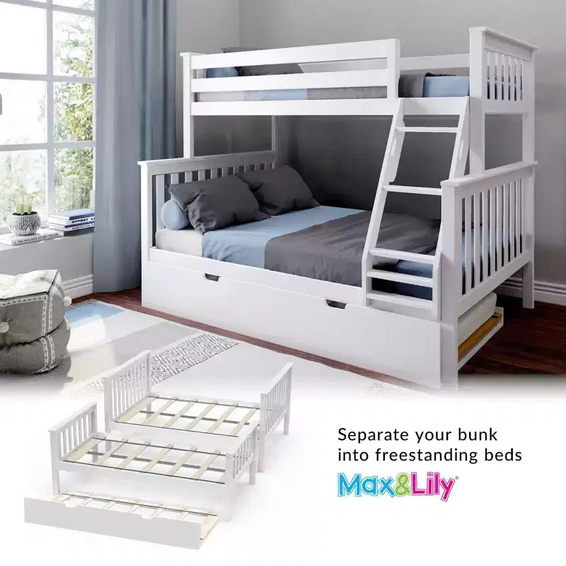 Max & Lily stapelbed van massief hout, eenpersoonsbed boven een tweepersoonsbed, met onderschuifbed met opbergruimte en ladder voor kinderen