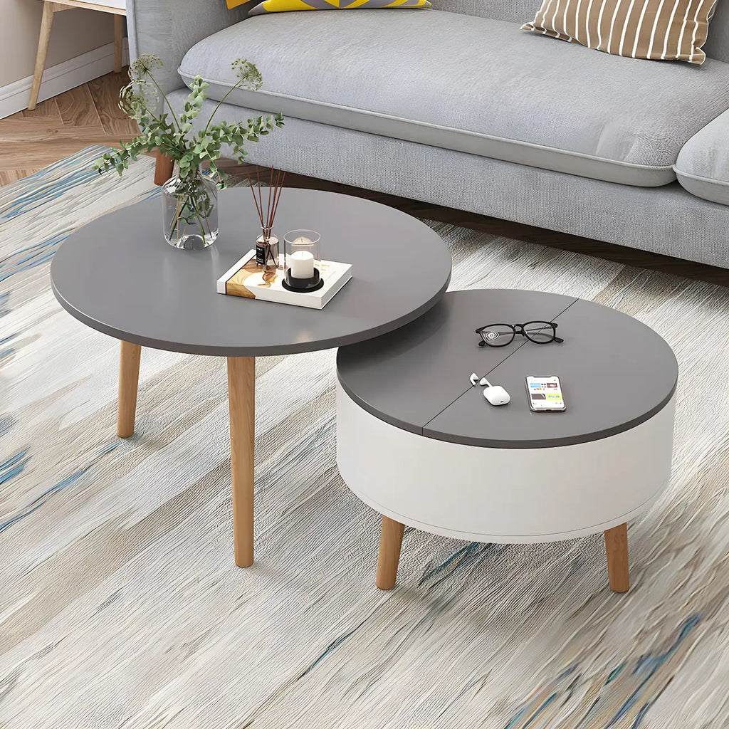 Moderner runder Couchtisch aus Holz in Schwarz und Weiß mit Stauraum