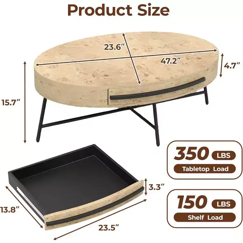 Acekool ovaler Couchtisch mit Schublade, 47.2, Holztisch mit Stauraum und gekreuzten Metallbeinen, moderner Mid-Century-Couchtisch in Naturfarben und goldenem Weidenholz