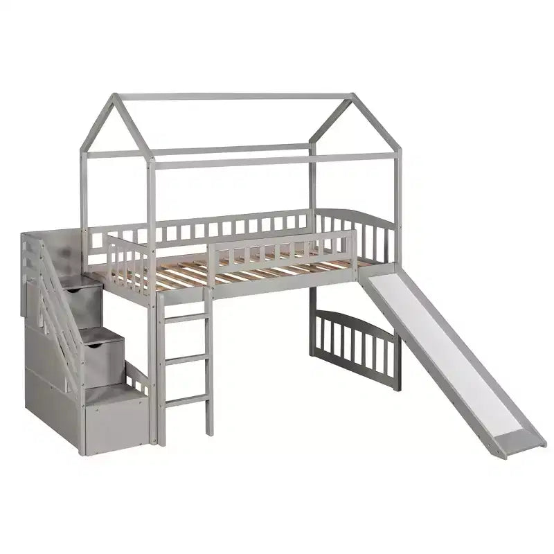 Hochbett in Hausform für Einzelbetten mit Rutsche und Treppe, Hochbett mit Schubladen, Holzhütten-Hochbett für Kinder und Kleinkinder