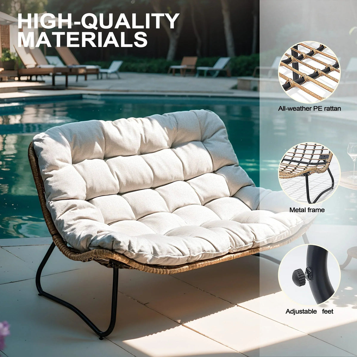 Doppel-Papasan-Sofa mit Sitzkissen, wetterfestes PE-Rattan und Metallgestell für Innen- und Außenbereich