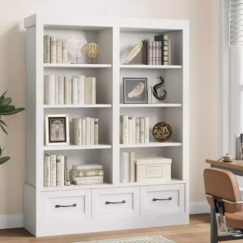 64 H Bücherregale und Bücherschränke, Bücherregal mit 3 Schubladen, 4 Ebenen, doppelt breit und offen, für Büro und Wohnzimmer