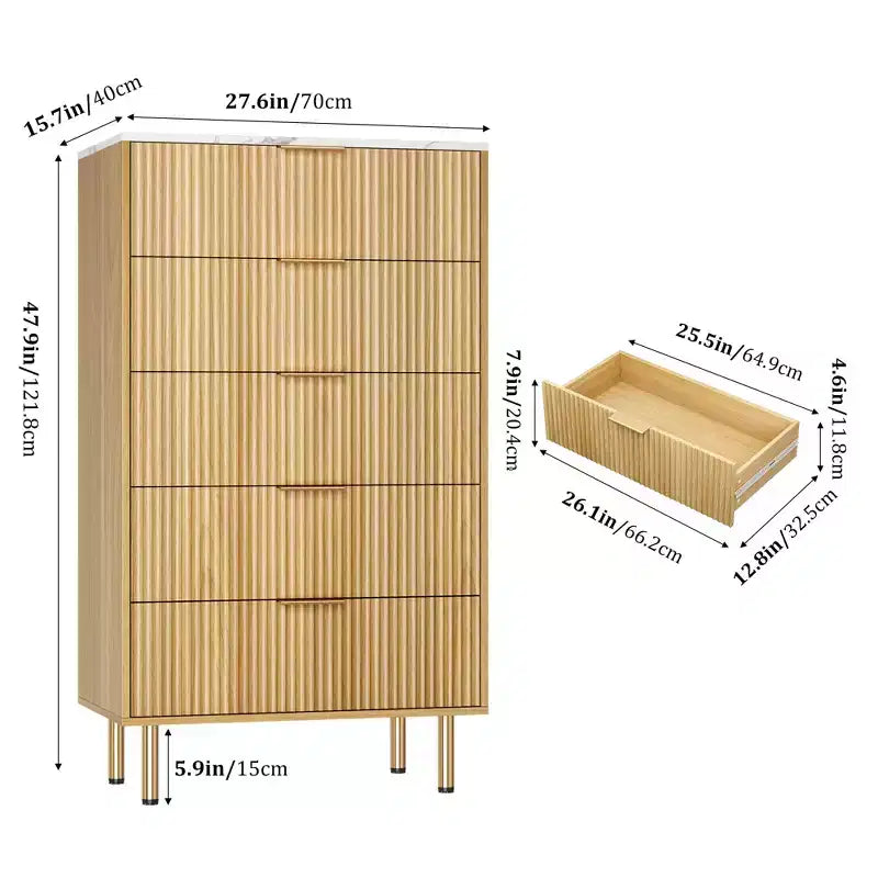 Commode blanche / marbre et bois à 5 tiroirs ?C panneau cannelé, pour 1 personne