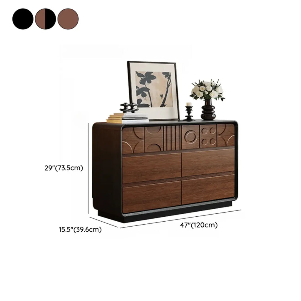 Drewniana komoda inspirowana stylem art déco z geometrycznymi rzeźbieniami