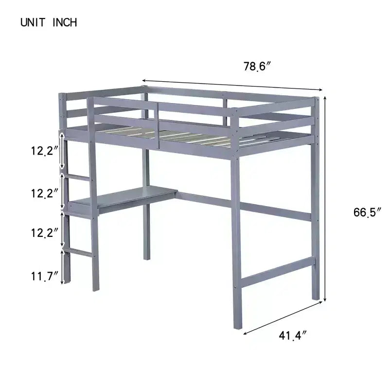 Okak minimalistisches Hochbett mit Leiter, Hochbett für Einzelbettmatratze aus Gummibaumholz mit Sicherheitsgeländer und eingebautem Schreibtisch, Bettgestell für Kinder und Jugendliche