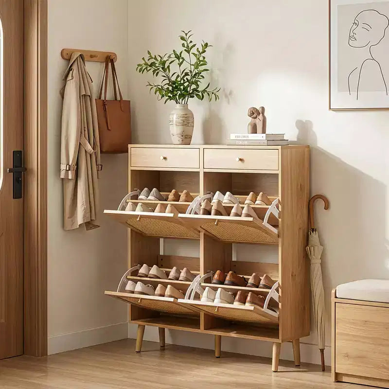 Szafka na buty Karl Home z rattanowymi frontami, 2 szufladami i 4 uchylnymi przegrodami, z płyty wiórowej, szerokość 41.34 W