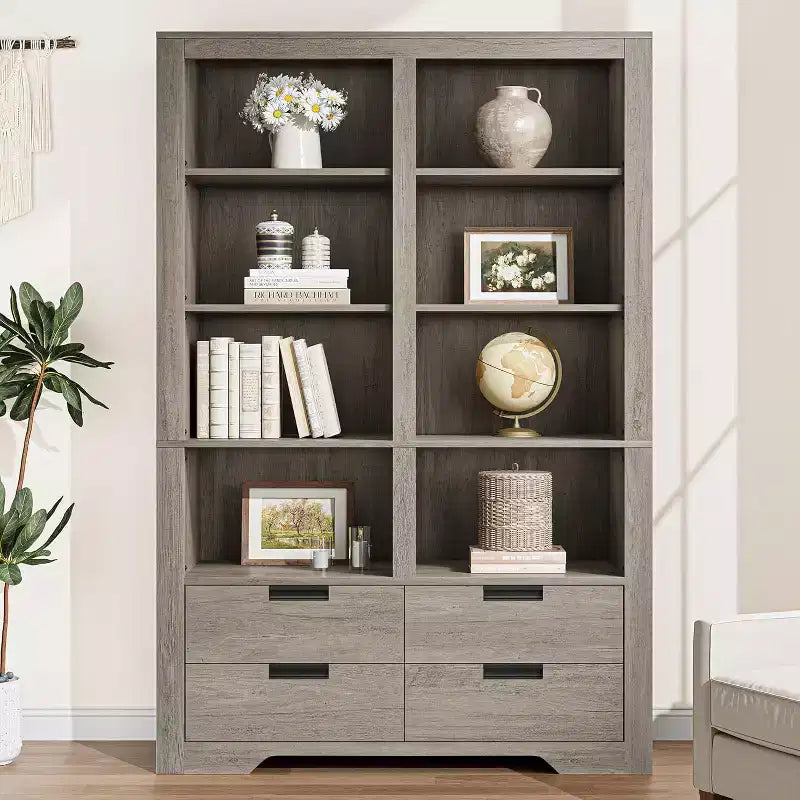 Boekenkast van 72 inch hoog met 4 laden, vrijstaande opbergboekenkast in boerderijstijl voor de slaapkamer, woonkamer en het thuiskantoor