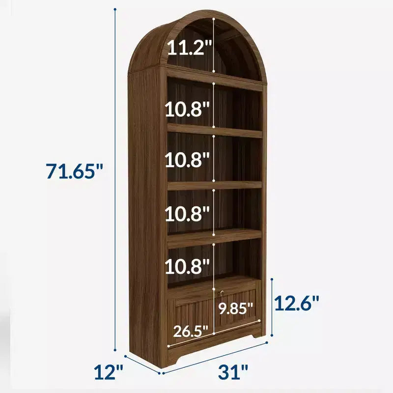 Boogvormige boekenkast van 72 met opberglade, moderne houten vitrinekast met 6 niveaus, open planken, onderste lade en gebogen kastdeur