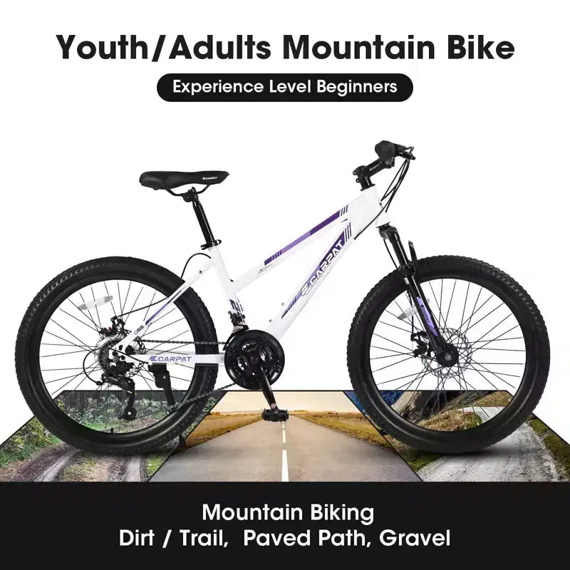 Vélo de montagne Okak 24/26IN avec 21 vitesses et freins à double disque, vélo pour enfants avec suspension avant de 100 mm, vélo tout-terrain pour adolescents et femmes