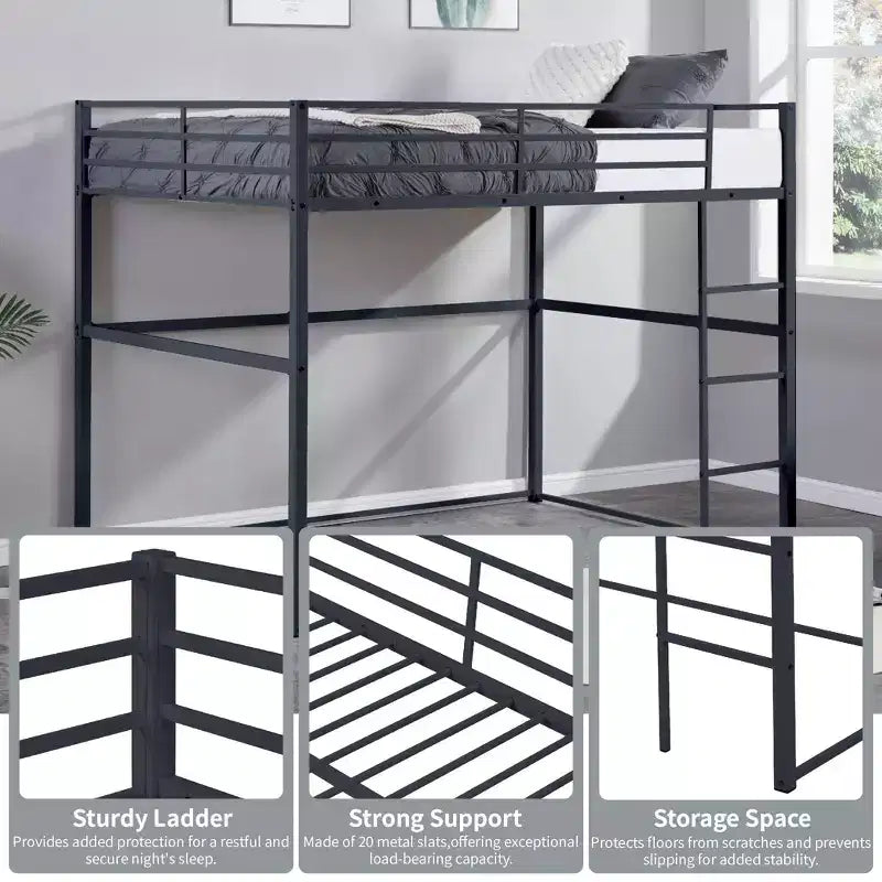 Metall-Hochbett für Einzelbettmatratze mit Schutzgittern und gerader Leiter