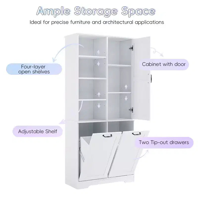 Meuble de rangement pour salle de bains avec portes et tiroirs, panier à linge basculant, nombreux espaces de rangement, modèle autoportant