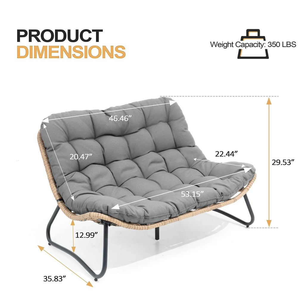 Doppel-Papasan-Sofa mit Sitzkissen, wetterfestes PE-Rattan und Metallgestell für Innen- und Außenbereich