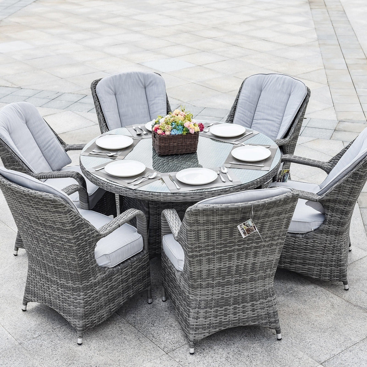 Ensemble de salle à manger rond de patio en rotin tressé d’extérieur, 7 pièces avec coussins, par Moda Furnishings